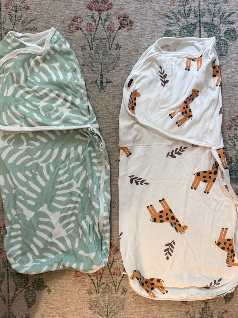 Momcozy bamboo Pajama Swaddle Set - Sage Green Zebra & Cream Giraffe Prints